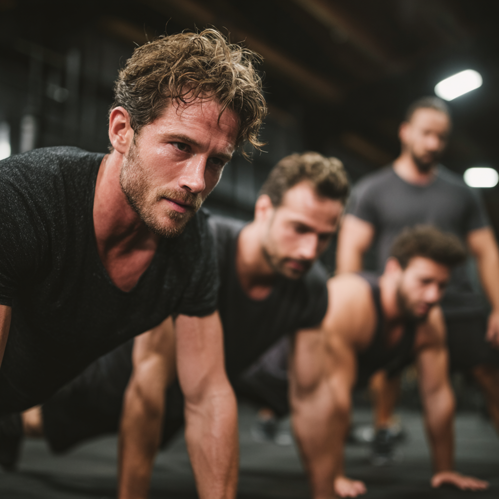 Group of motivated men supporting each other during intense workout session in gym environment
