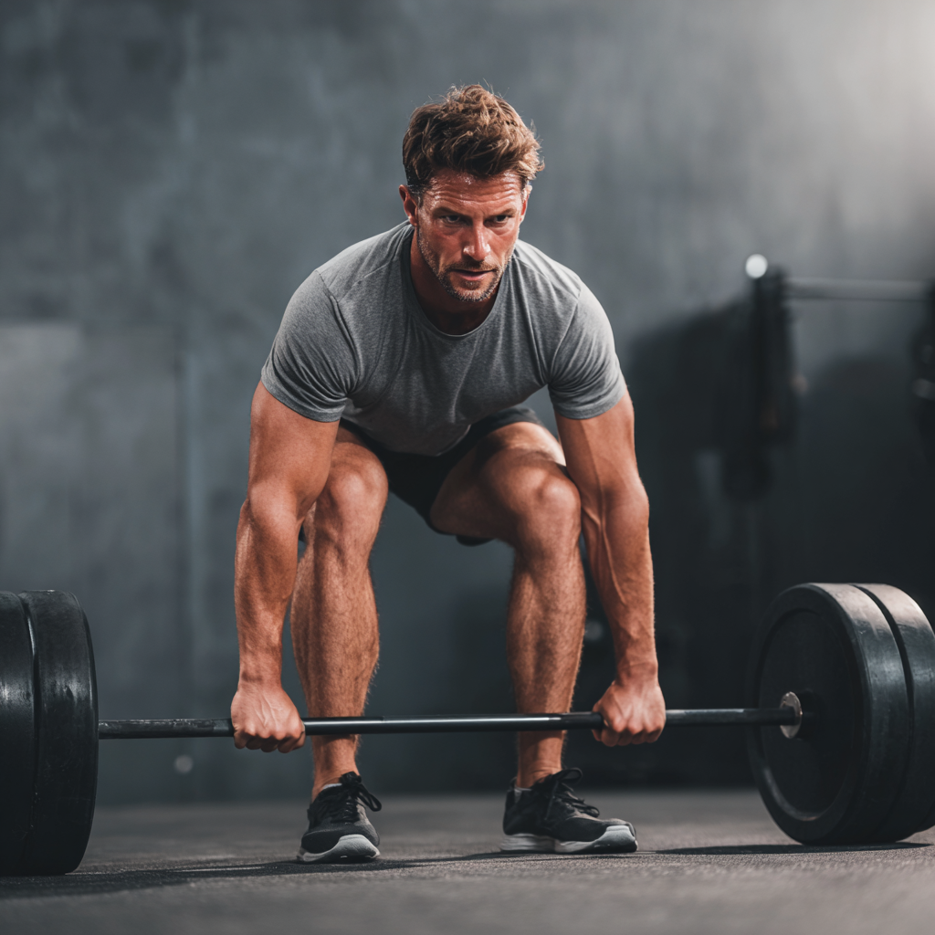 Strong athletic man performing deadlift exercise in modern gym with proper form and intense focus